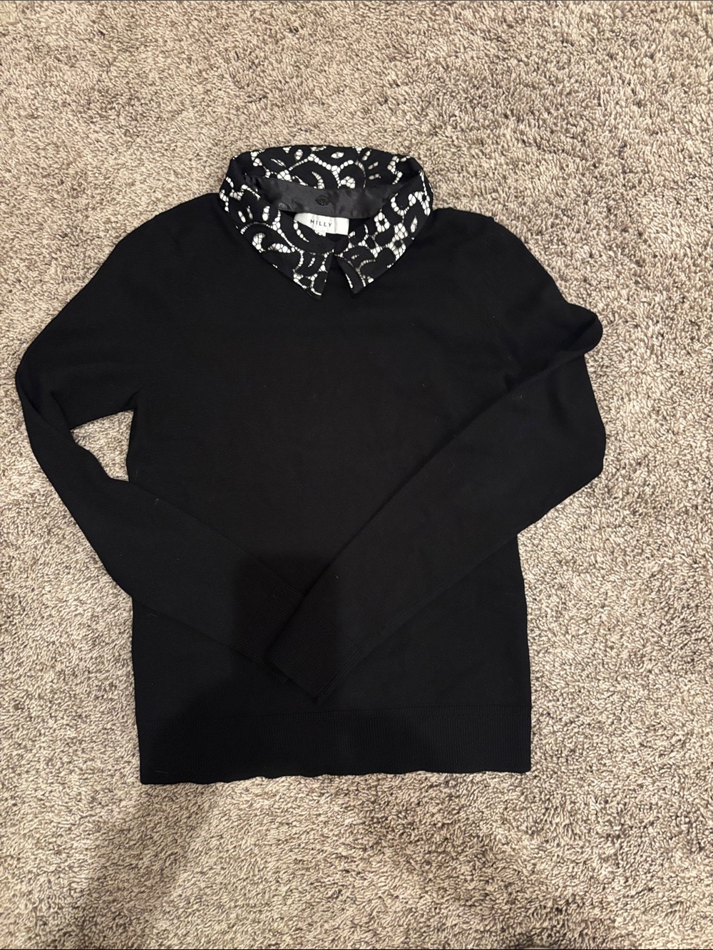 Milly Black Crewneck Sweater with Patterned Collar